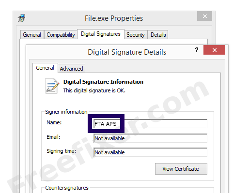 Screenshot of the FTA APS certificate